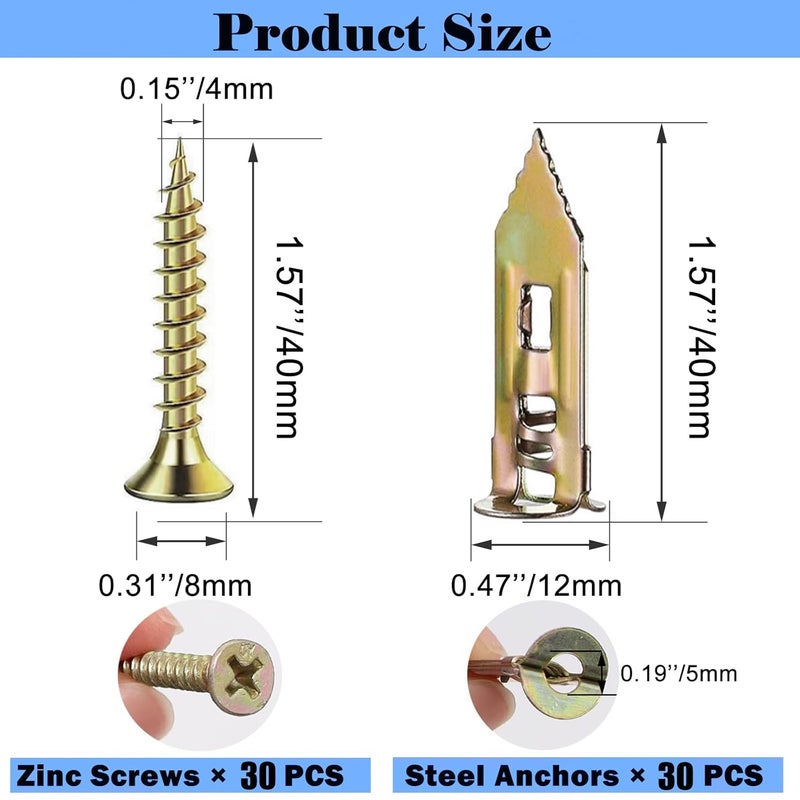 AXK 80PCS Self Drilling Drywall Anchors with Screws,40 Sheetrock Anchors (0.47x1.57 Inch) & 40 Zinc Expansion Screws - Image 2
